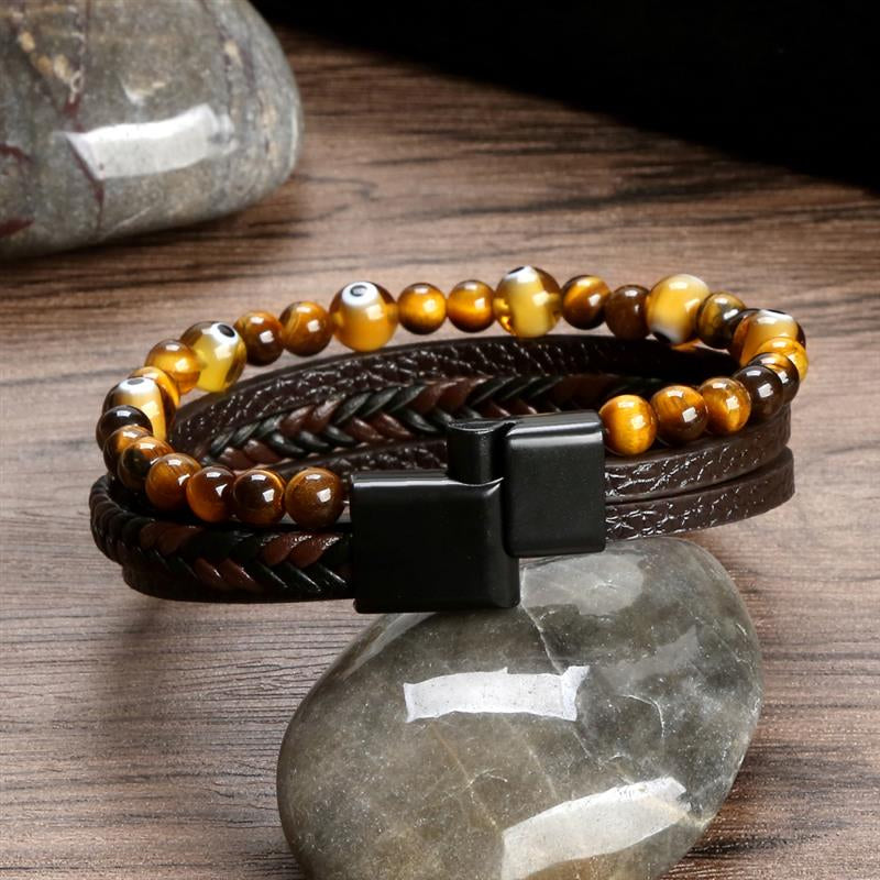 Tiger Eye Bracelet for Men | Boho Multi-Layer Leather Bracelet