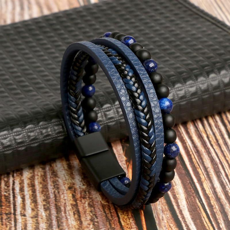 Close-up of handmade tiger eye and leather multilayer bracelet for men, boho style accessory