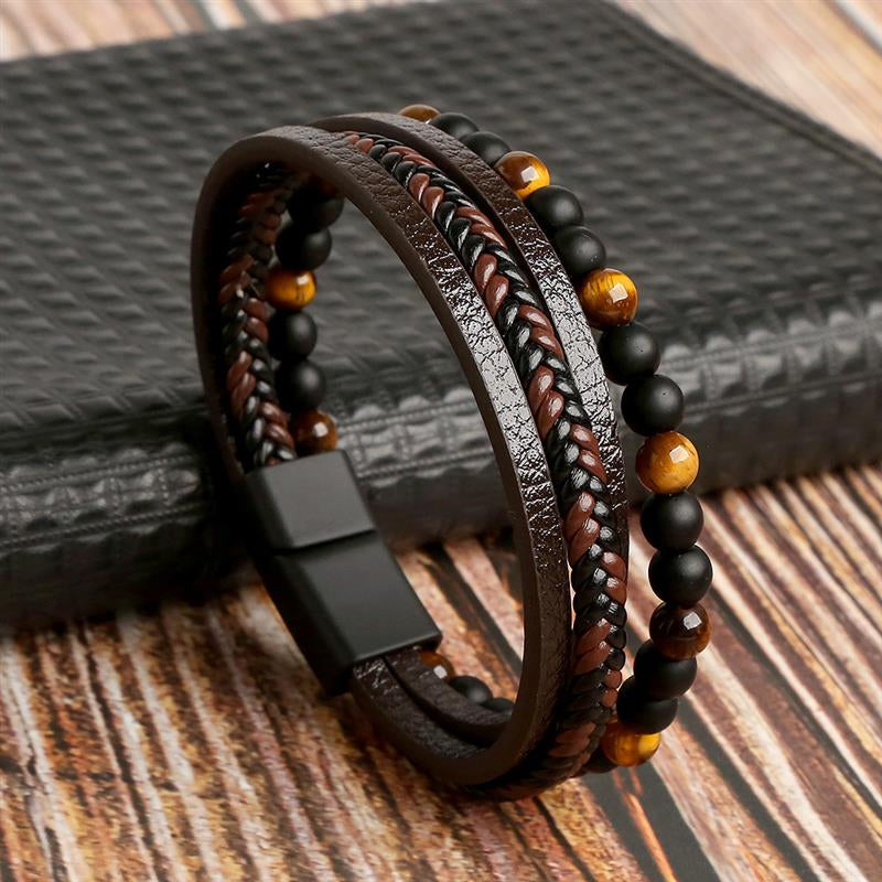 Boho Men’s Tiger Eye Bracelet | Handmade Leather Multilayer Wristband
