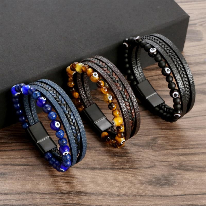 Tiger Eye Bracelet for Men | Boho Multi-Layer Leather Bracelet