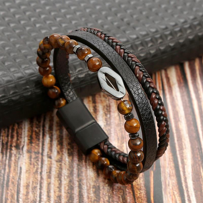Boho Men’s Tiger Eye Bracelet | Handmade Leather Multilayer Wristband