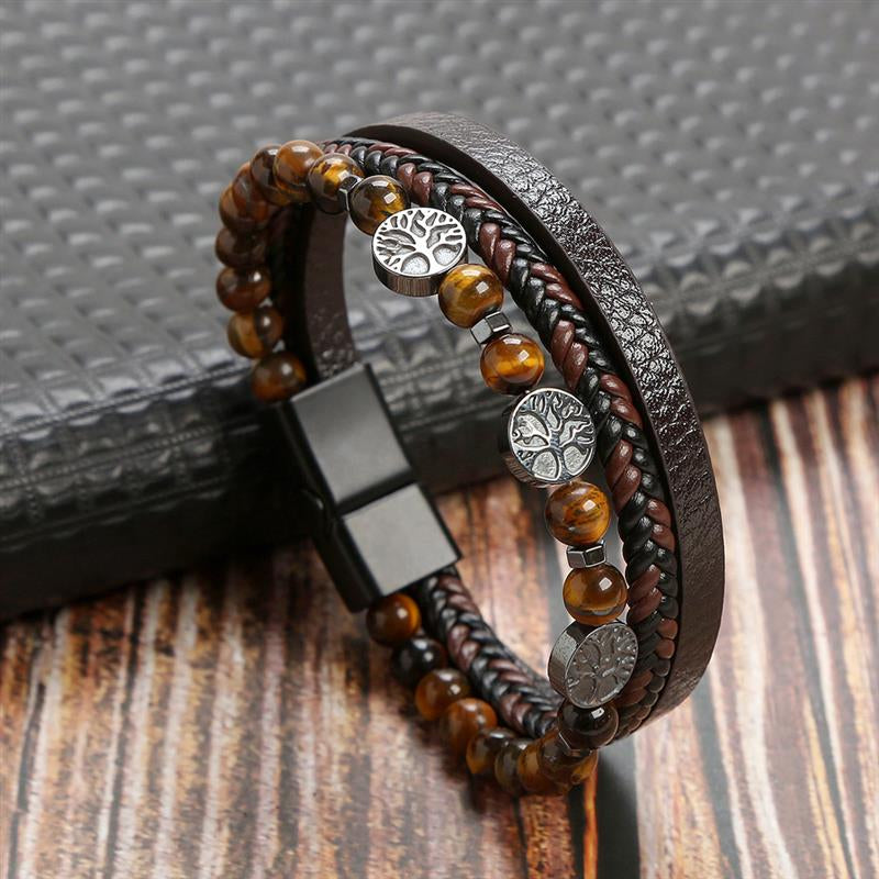 Boho Men’s Tiger Eye Bracelet | Handmade Leather Multilayer Wristband