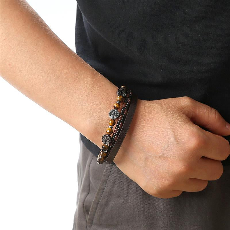 Boho Men’s Tiger Eye Bracelet | Handmade Leather Multilayer Wristband