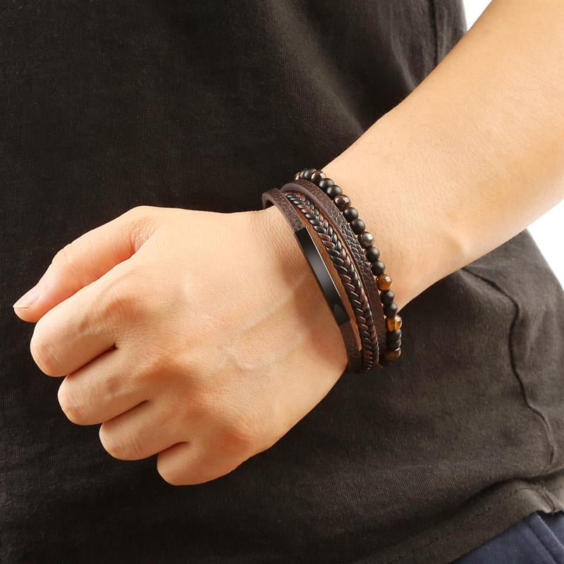 Tiger Eye Bracelet for Men | Boho Multi-Layer Leather Bracelet