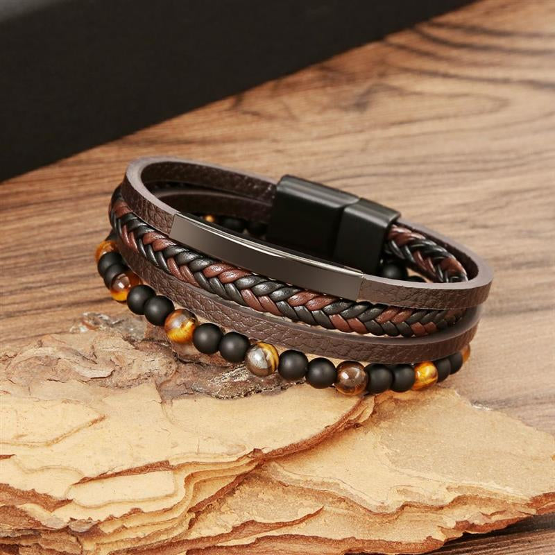 Tiger Eye Bracelet for Men | Boho Multi-Layer Leather Bracelet