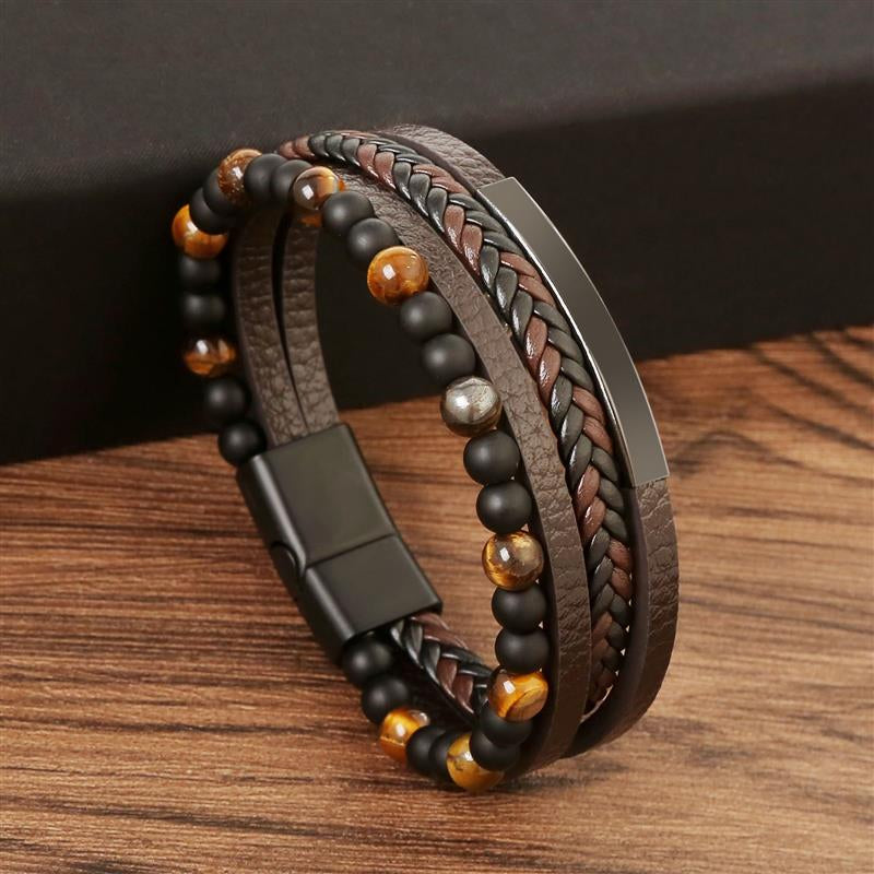 Tiger Eye Bracelet for Men | Boho Multi-Layer Leather Bracelet