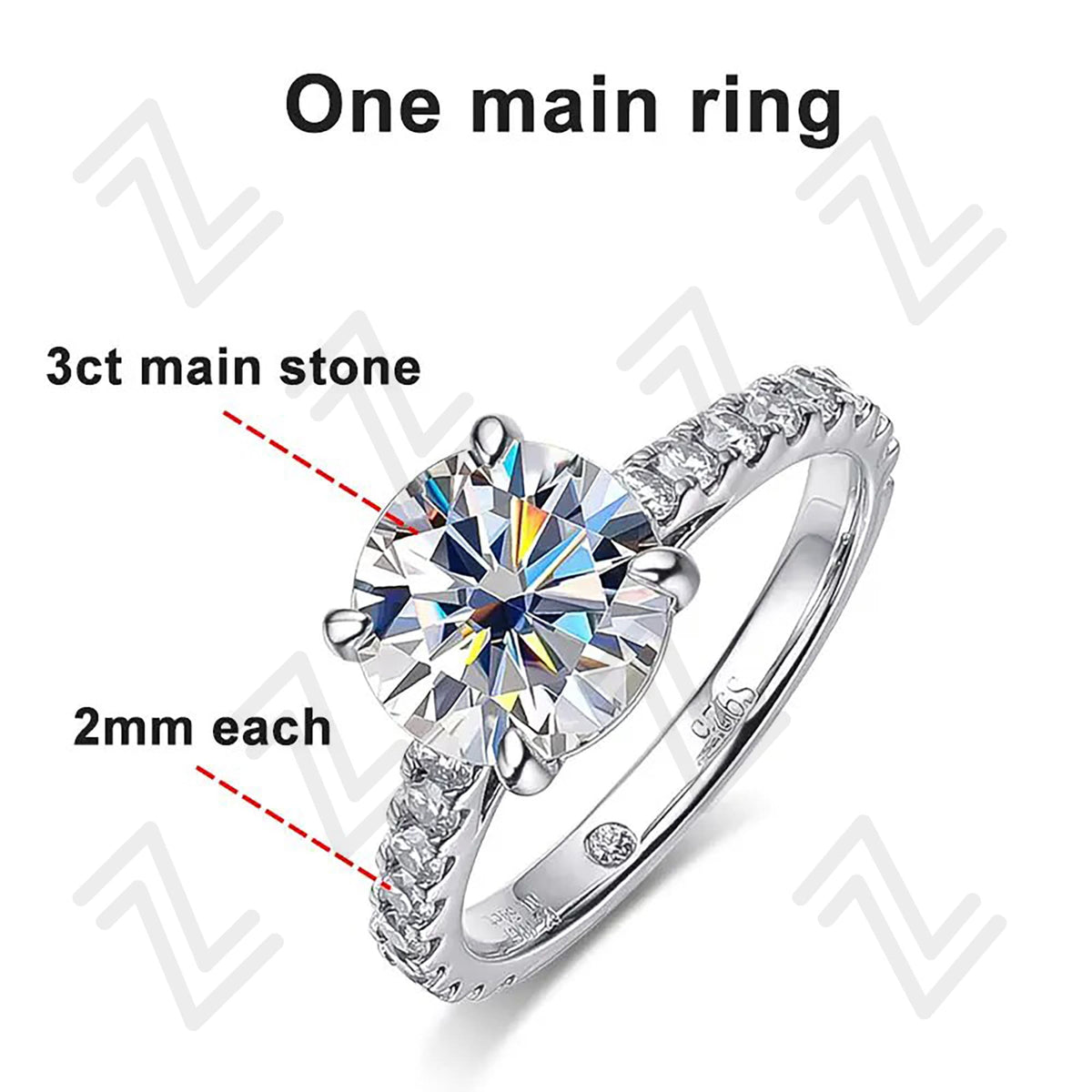 3CT 9mm D Color Moissanite Ring | White Gold-Plated Sterling Silver Stackable Band
