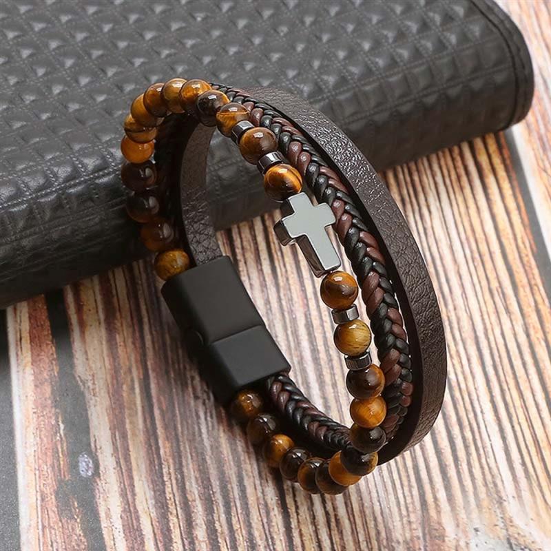 Tiger Eye Bracelet for Men | Boho Multi-Layer Leather Bracelet