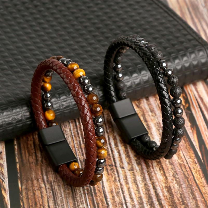 Boho Men’s Tiger Eye Bracelet | Handmade Leather Multilayer Wristband