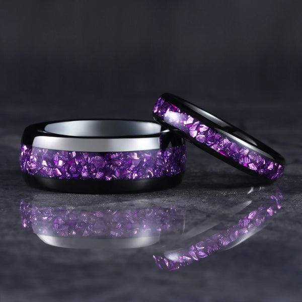 4mm & 8mm Amethyst Black Tungsten Ring – Wedding & Engagement Band, Birthday & Anniversary Gift for Him & Her
