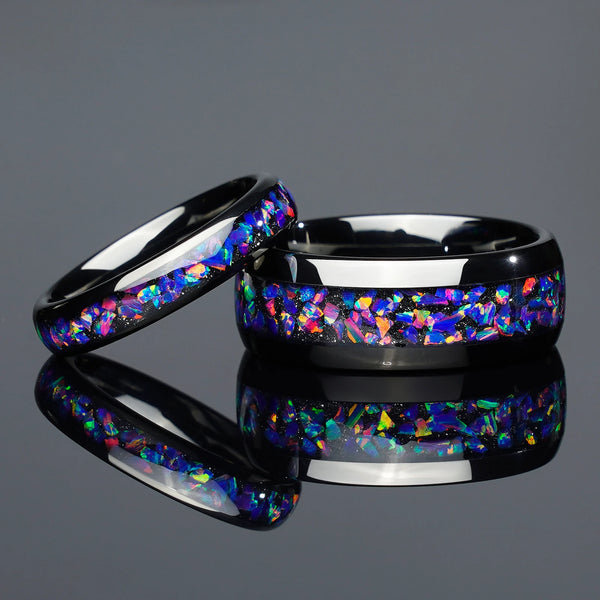 4mm & 8mm Couple Set Colorful Purple Opal Black Tungsten Wedding Engagement Rings for Him & Her
