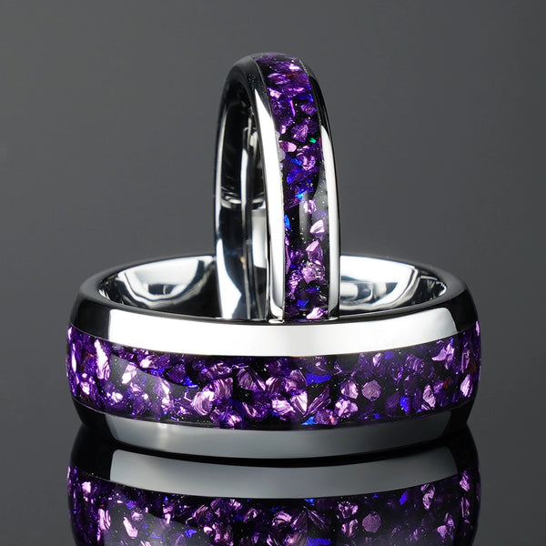4mm & 8mm Nebula Amethyst Silver Tungsten Couple Set Ring – Wedding & Engagement Band for Him & Her
