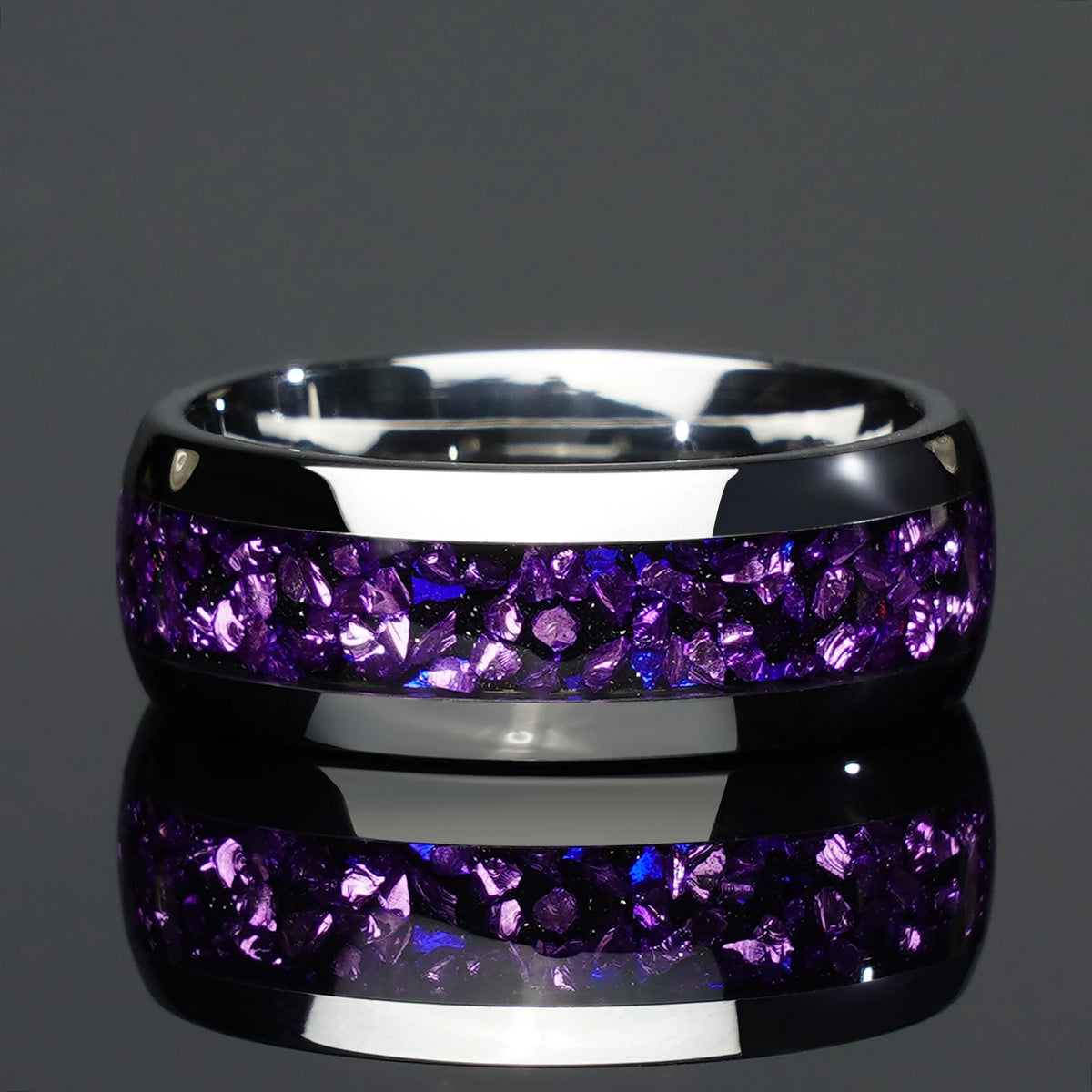 4mm & 8mm Nebula Amethyst Silver Tungsten Rings | Elegant Wedding & Engagement Set
