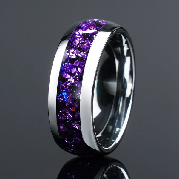 4mm & 8mm Nebula Amethyst Tungsten Rings | Wedding & Engagement Couple Bands for Him & Her
