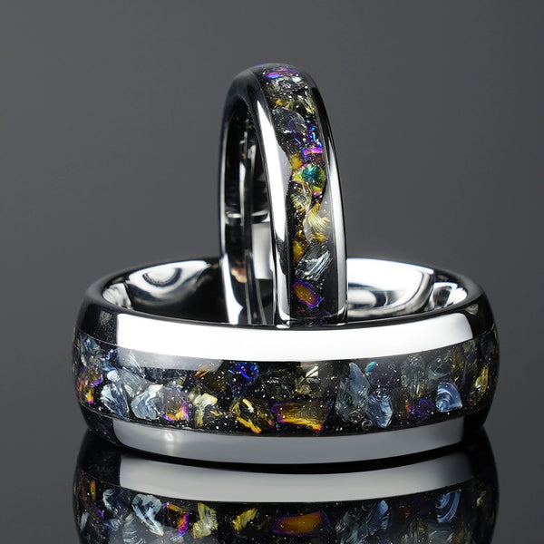 4mm & 8mm Nebula Galaxy Silver Tungsten Couple Wedding Rings – Unique Matching Bands for Him & Her
