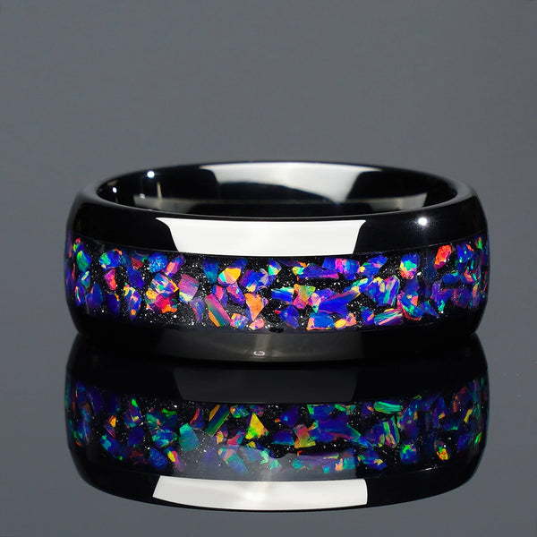 4mm & 8mm Purple Opal Black Tungsten Couple Rings | Wedding & Engagement Bands for Him & Her
