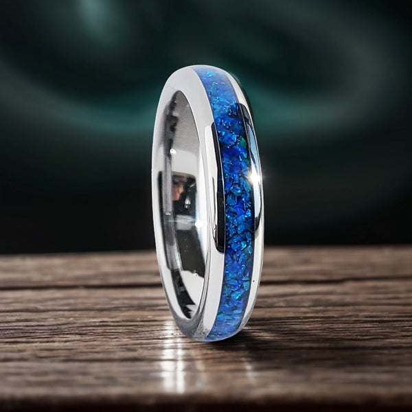 4mm Blue Opal Ring, Tungsten Wedding Band, Women Men Ring, Black Tungsten Ring, Highly Polished Band, Comfort Fit, Birthday Anniversary Gift
