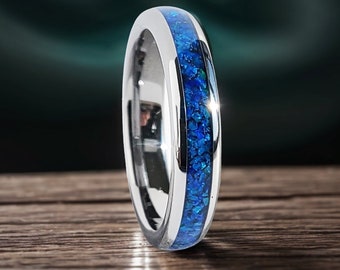 4mm Blue Opal Tungsten Ring | Black Wedding Band for Men & Women, Comfort Fit
