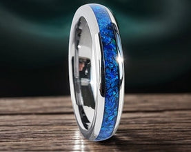 4mm Blue Opal Tungsten Ring | Black Wedding Band for Men & Women, Comfort Fit
