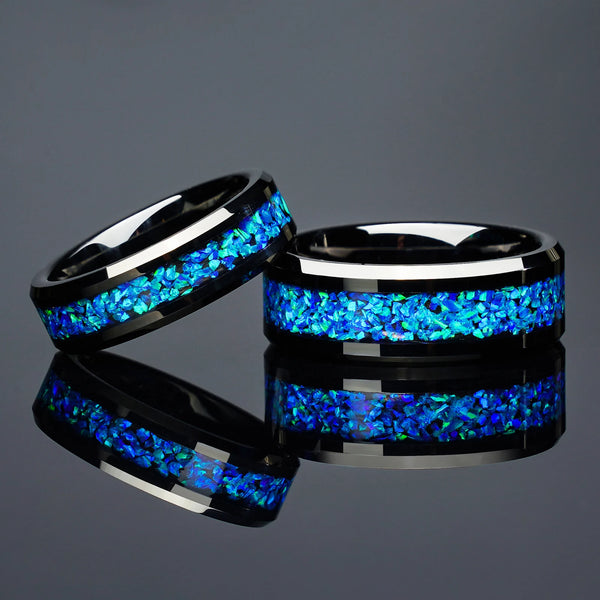 6mm & 8mm Ocean Blue Opal Black Tungsten Couple Rings | Wedding Bands for Him & Her
