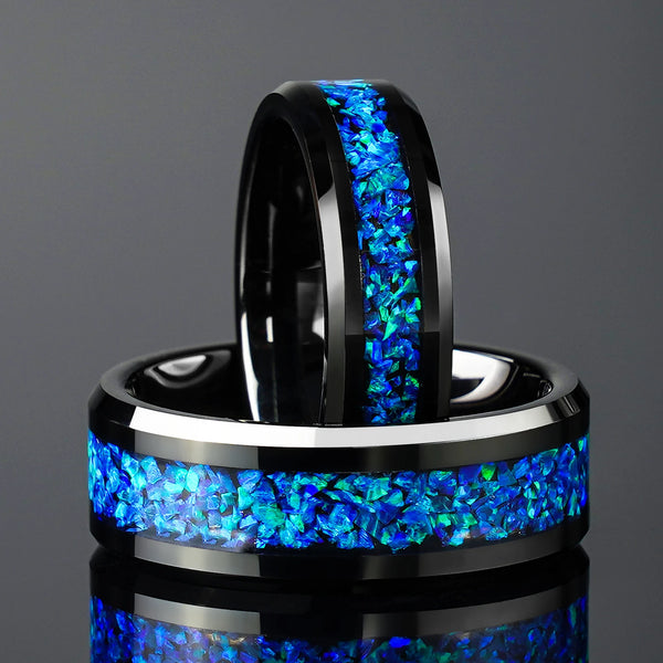 6mm & 8mm Ocean Blue Opal Black Tungsten Wedding Couple Set Ring – For Him & Her
