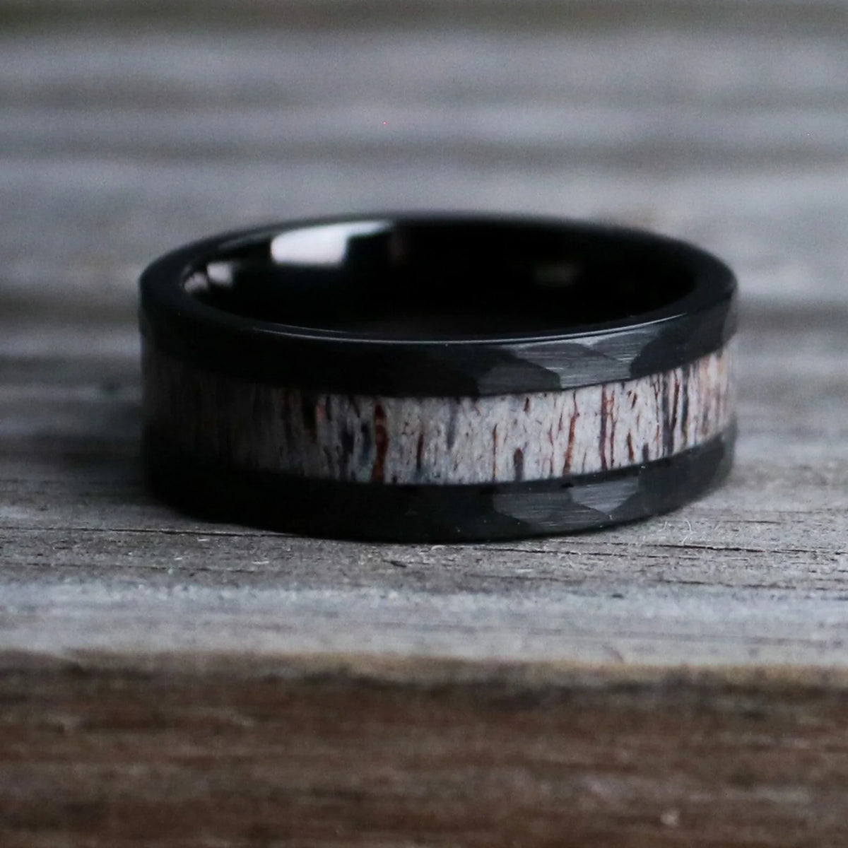 8mm Antler Inlay Black Tungsten Ring | Men’s Wedding Band, Custom Engraved Ring for Him
