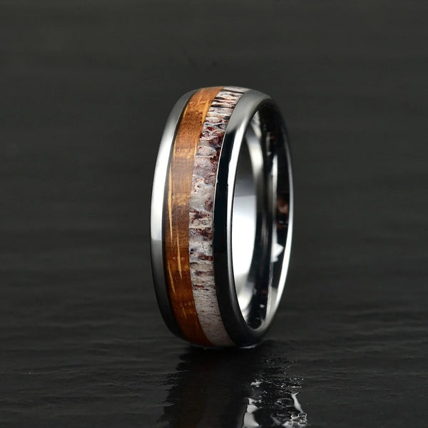 8mm Antler Whiskey Barrel Wood Tungsten Carbide Ring – Unique Men's Wedding Band, Engagement & Anniversary Gift for Him
