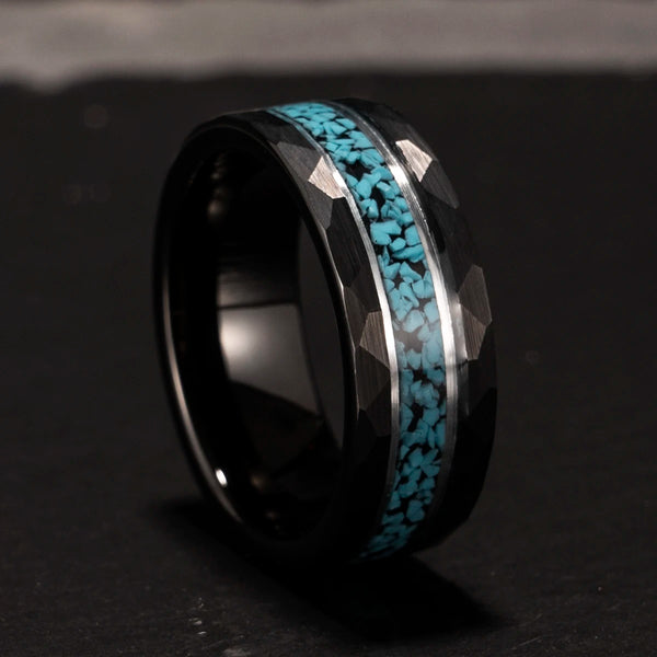 8mm Black Hammered Brushed Tungsten Carbide Ring with Crushed Turquoise Inlay - Men's Wedding Band for Anniversary, Everyday Wear, Party Ring
