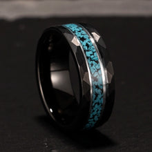 8mm Black Hammered Brushed Tungsten Carbide Ring with Crushed Turquoise Inlay - Men's Wedding Band for Anniversary, Everyday Wear, Party Ring
