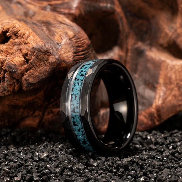 8mm Black Hammered Tungsten Carbide Ring | Crushed Turquoise Inlay, Men's Wedding Band
