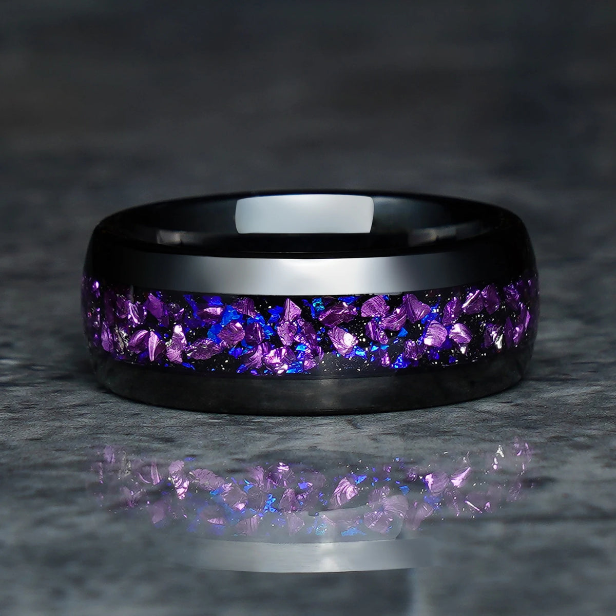 8mm Black Tungsten Carbide Ring with Nebula Space & Amethyst Inlay | Wedding & Engagement Band
