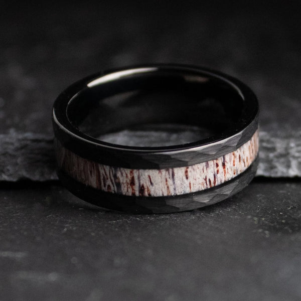 8mm Black Tungsten Ring with Antler Inlay | Men’s Wedding & Engagement Band, Engraved Gift

