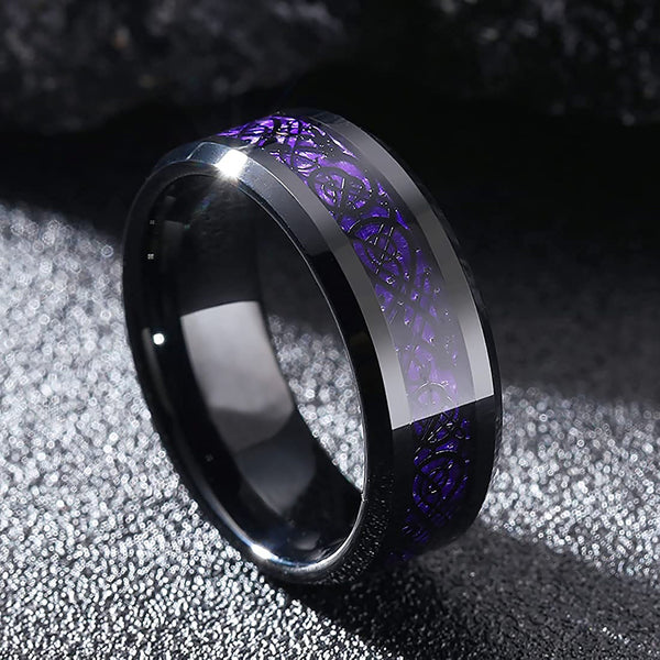 8mm Black Tungsten Ring with Purple Carbon Fibre Inlay & Shaolin Dragon Steel Plating - Bold and Unique Mens Wedding Band -Fashion Statement
