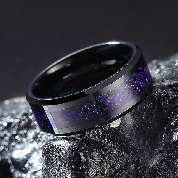 8mm Black Tungsten Ring with Purple Carbon Fibre Inlay | Shaolin Dragon Steel Plating, Unique Men's Wedding Band
