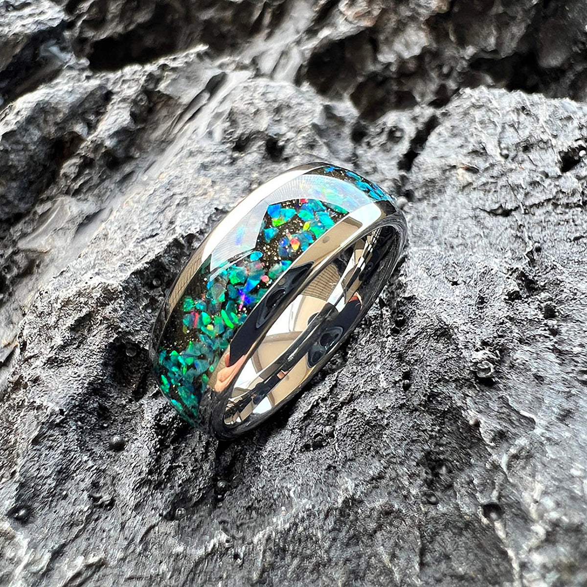 8mm Galaxy Opal Golden Tungsten Ring | Wedding Band for Men & Women, Engagement Gift
