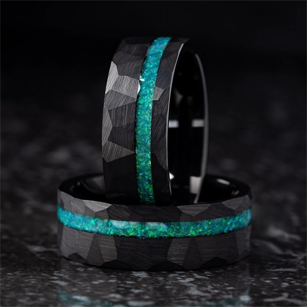 8mm Green Opal Black Tungsten Carbide Ring – Men’s Wedding & Engagement Band, Birthday & Anniversary Gift for Him
