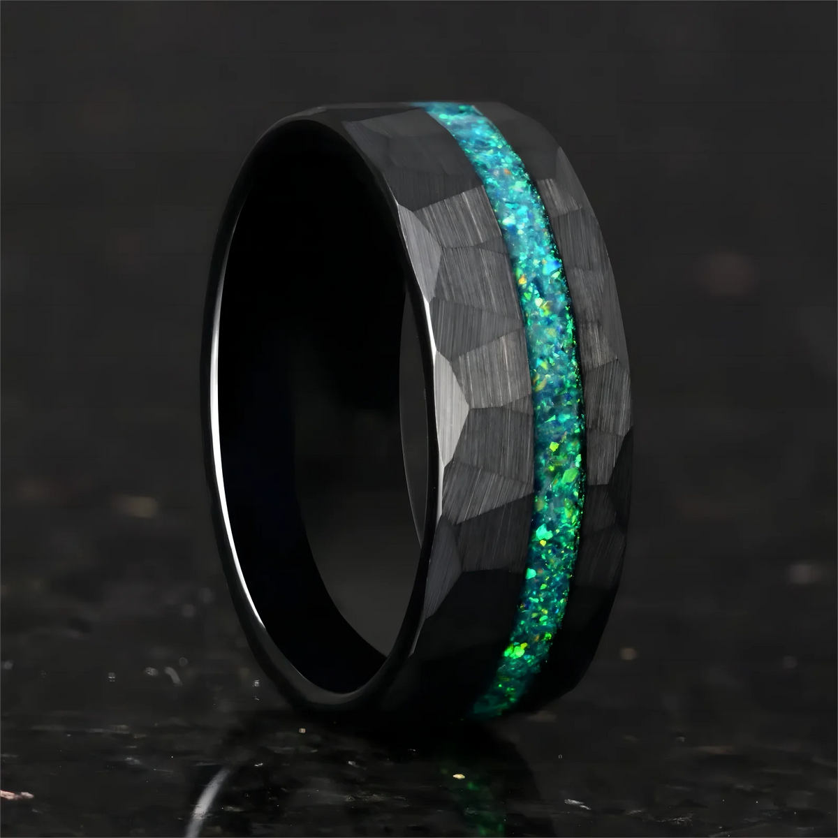 8mm Green Opal Black Tungsten Carbide Ring | Men's Wedding & Engagement Band, Gift for Him
