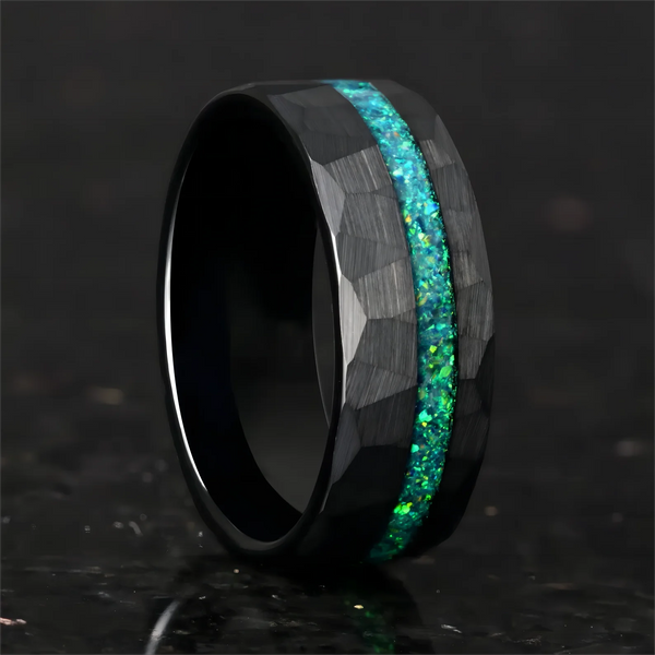 8mm Green Opal Black Tungsten Carbide Ring | Men's Wedding & Engagement Band, Gift for Him
