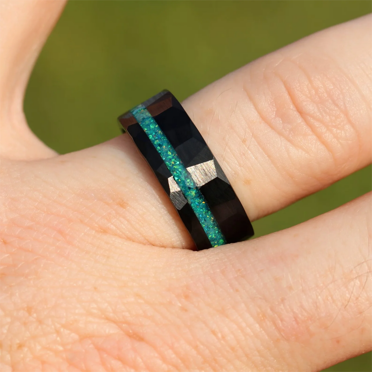 8mm Green Opal Tungsten Carbide Ring | Unique Men's Wedding & Engagement Band, Gift for Him
