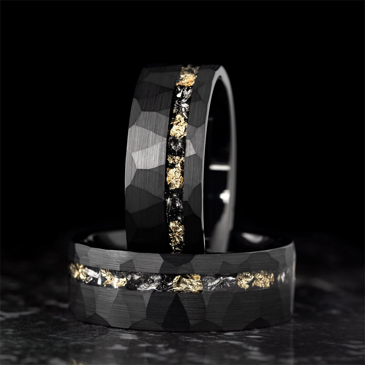 8mm Meteorite Gold Leaf Black Tungsten Carbide Ring – Men’s Wedding & Engagement Band
