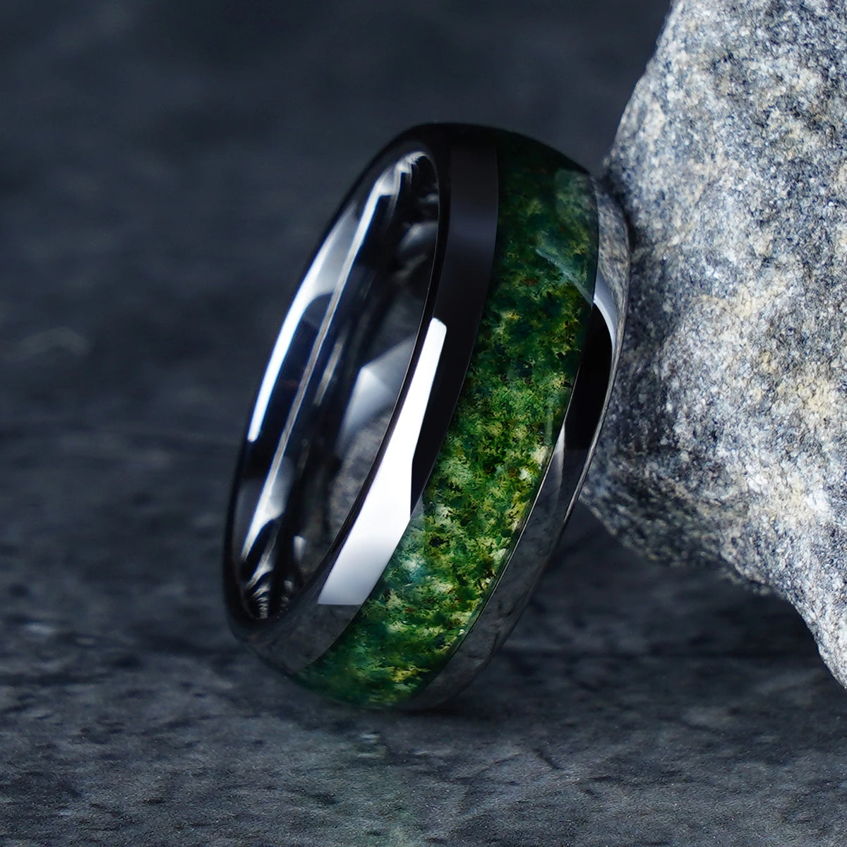 8mm Moss Agate Silver Tungsten Carbide Ring | Unique Men’s Wedding & Engagement Band
