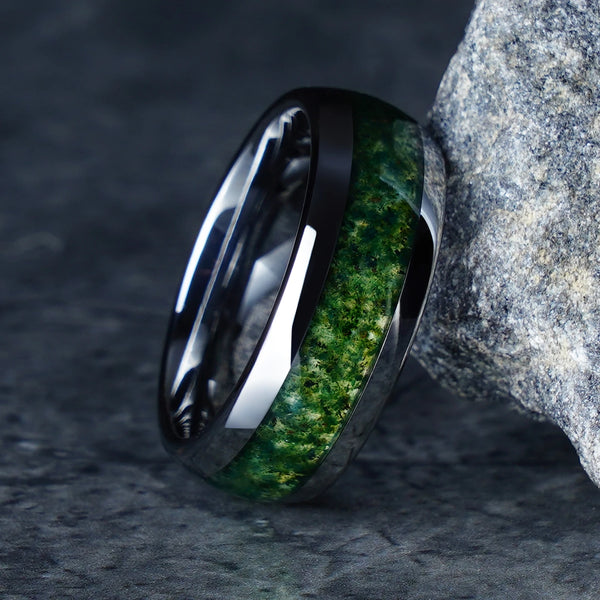 8mm Moss Agate Silver Tungsten Carbide Ring | Unique Men’s Wedding & Engagement Band

