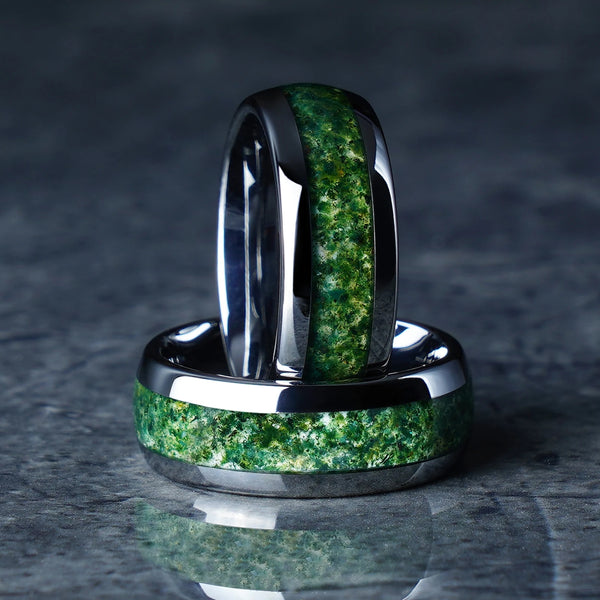 8mm Moss Agate Silver Tungsten Carbide Ring – Unique Men’s Wedding & Engagement Band, Birthday & Anniversary Gift for Him & Her
