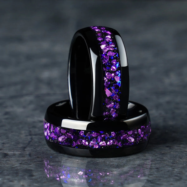 8mm Nebula Space Amethyst Black Tungsten Carbide Ring – Wedding & Engagement Band, Birthday & Anniversary Gift for Him & Her
