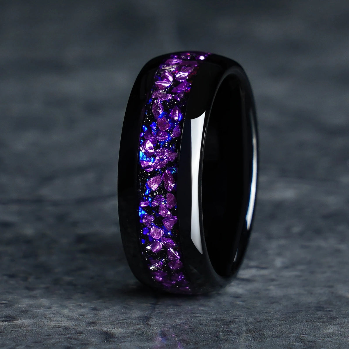 8mm Nebula Space Amethyst Black Tungsten Carbide Ring | Wedding & Engagement Band for Him & Her
