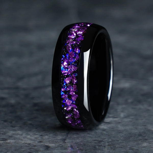 8mm Nebula Space Amethyst Black Tungsten Carbide Ring | Wedding & Engagement Band for Him & Her
