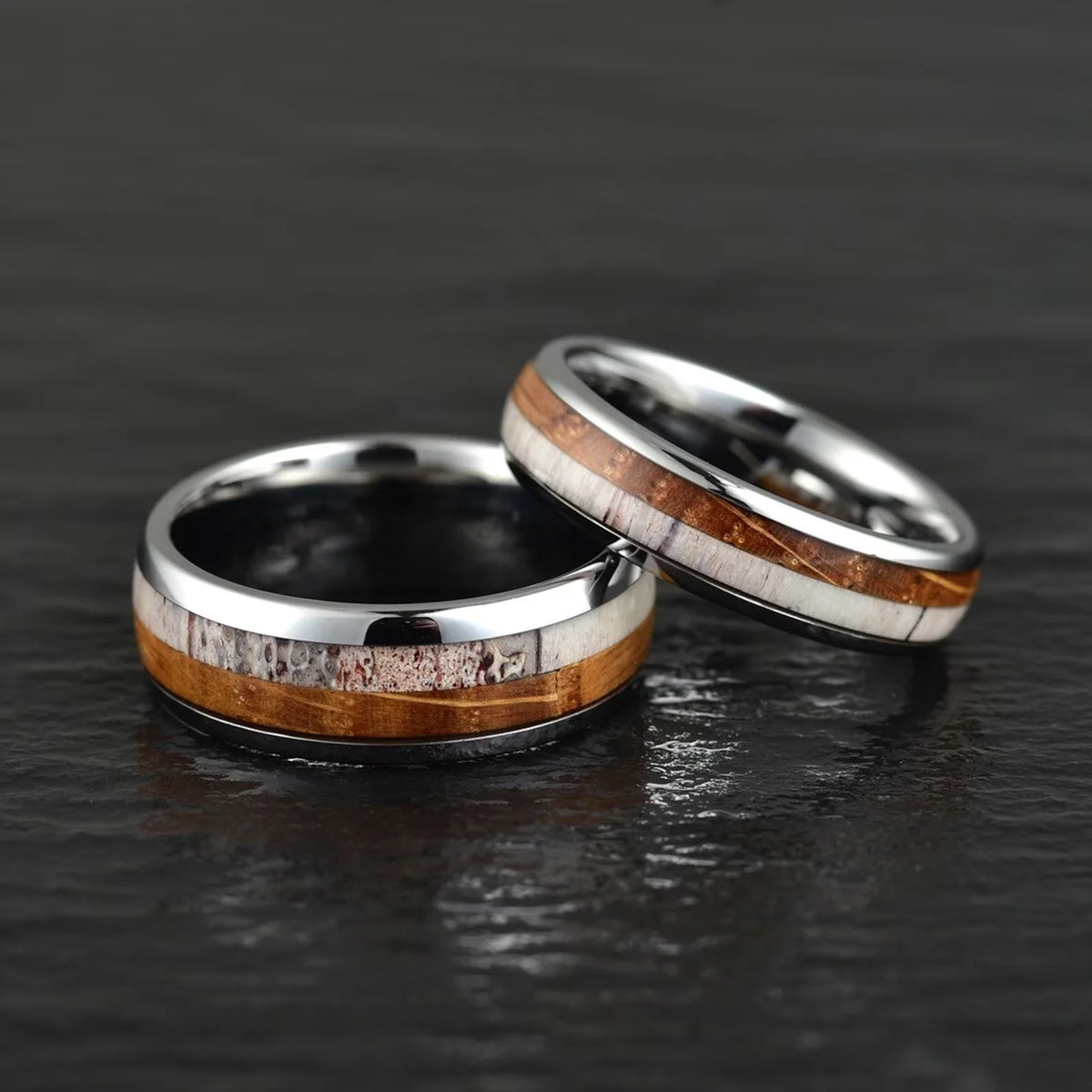 8mm Tungsten Carbide Ring with Antler & Whiskey Barrel Wood Inlay | Unique Wedding Band for Men

