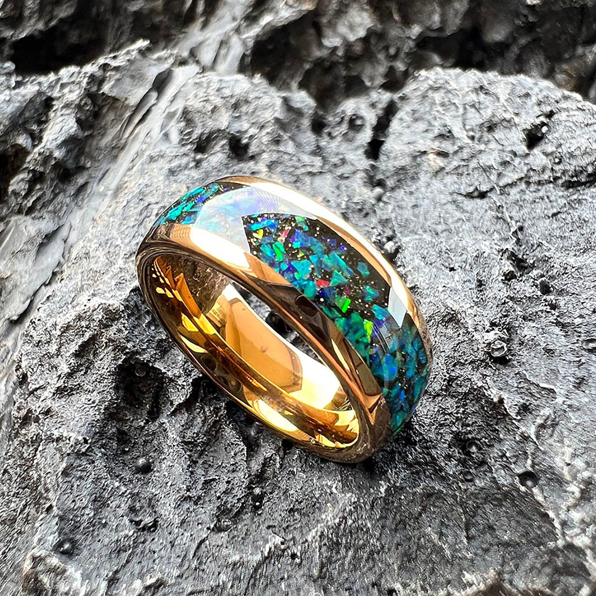 8mm Tungsten Wedding Band, Galaxy Opal Women Mens Wedding Band, Golden Tungsten Ring, Comfort Fit Band, Birthday Anniversary Engagement Gift
