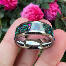 8mm Tungsten Wedding Band with Beveled Edges | Galaxy Fire Opal Stones, Anti-Scratch Ring
