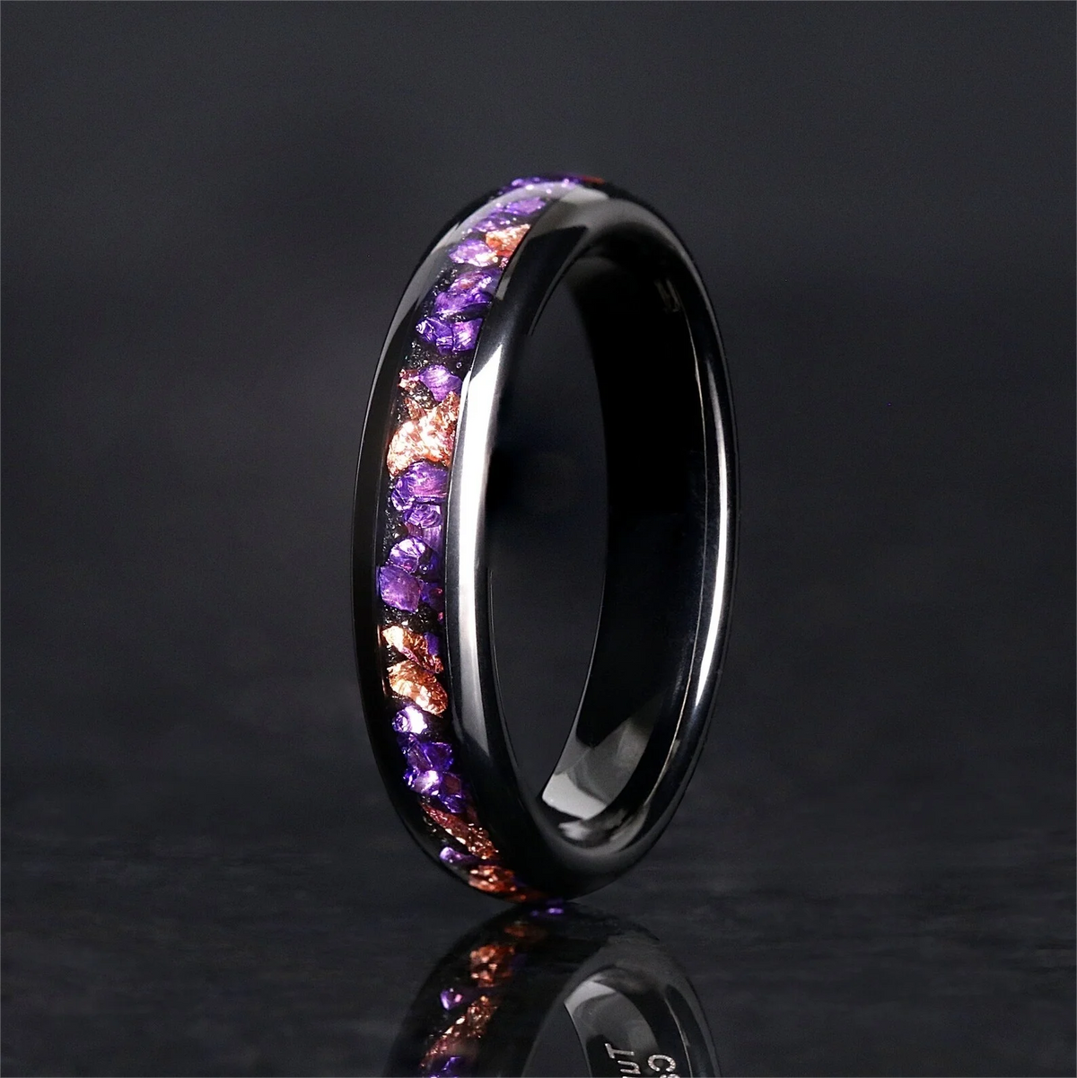 Amethyst Tungsten Wedding Band | Rose Gold Inlay, Couples Ring for Him & Her
